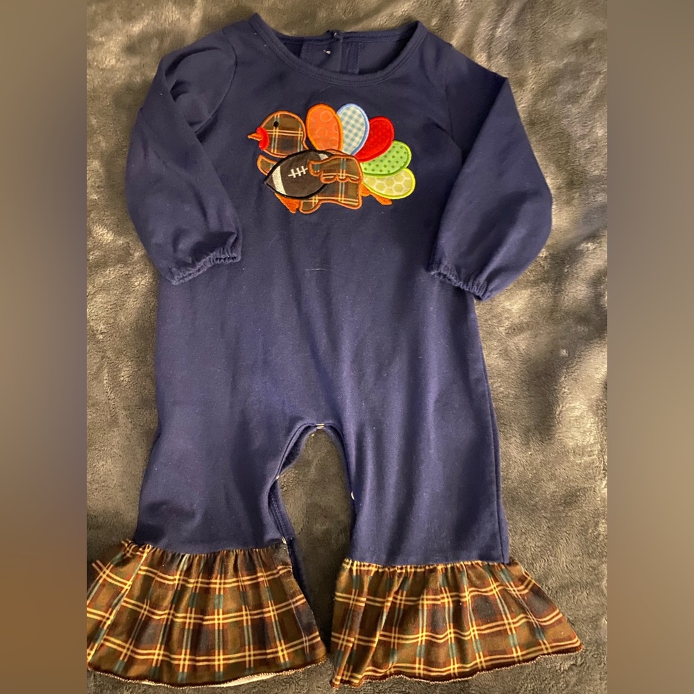Navy Turkey with football romper size 6-12m